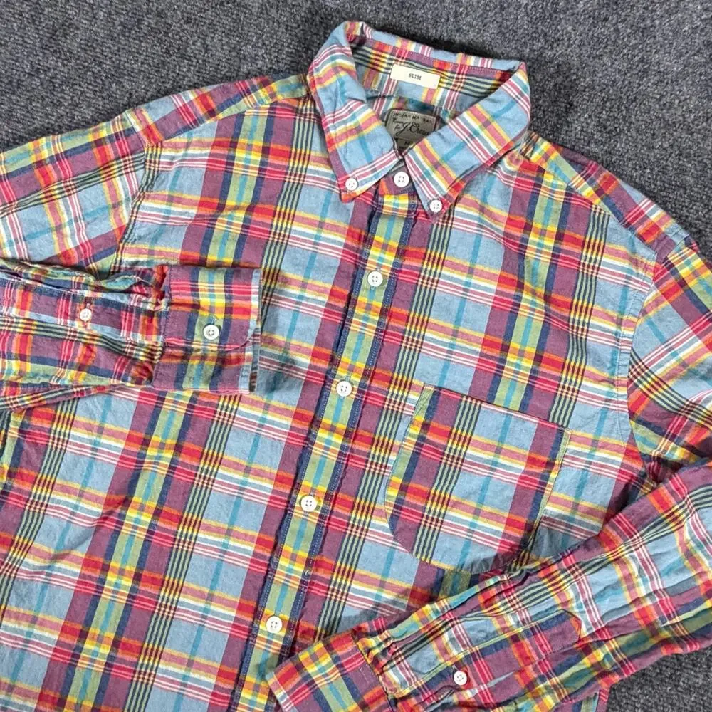 J Crew Indian Madras Shirt Mens M Slim Fit Plaid Button Down Mauritius G4188
